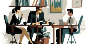 Group of people sitting in the team meeting and discussing project update